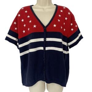 Vintage Norton Studio Cardigan Sweater Womens 1X Patriotic Stars V Neck Red Blue